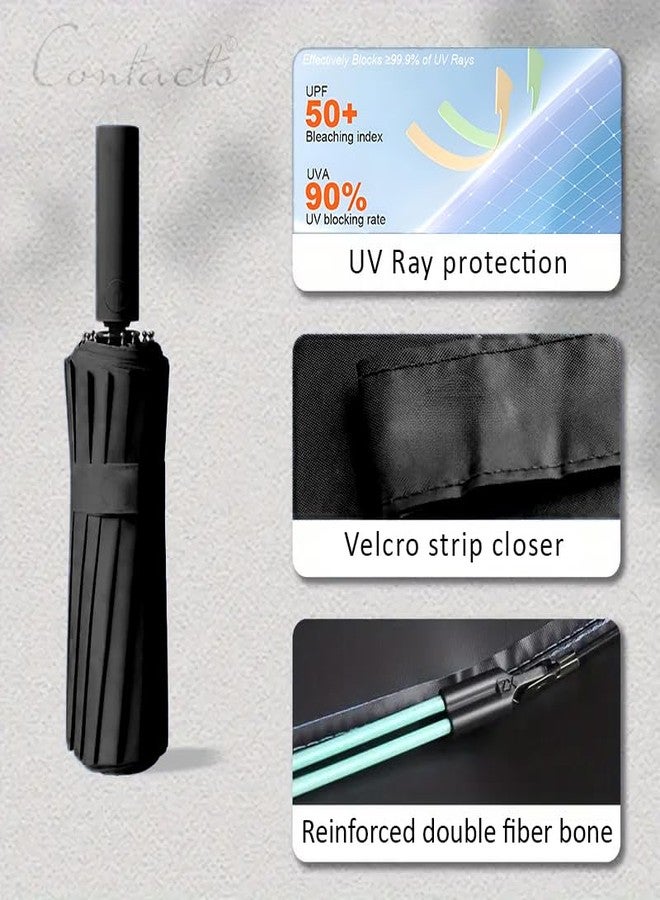 كونتاكتس مظلة Contacts® القابلة للطي المقاومة للرياح ذات 12 ضلعًا - فتح/إغلاق تلقائي، إطار مزدوج الألياف معزز، مقاومة للماء والأشعة فوق البنفسجية، مظلة سفر صغيرة الحجم للرجال والنساء (أسود) - Image 3